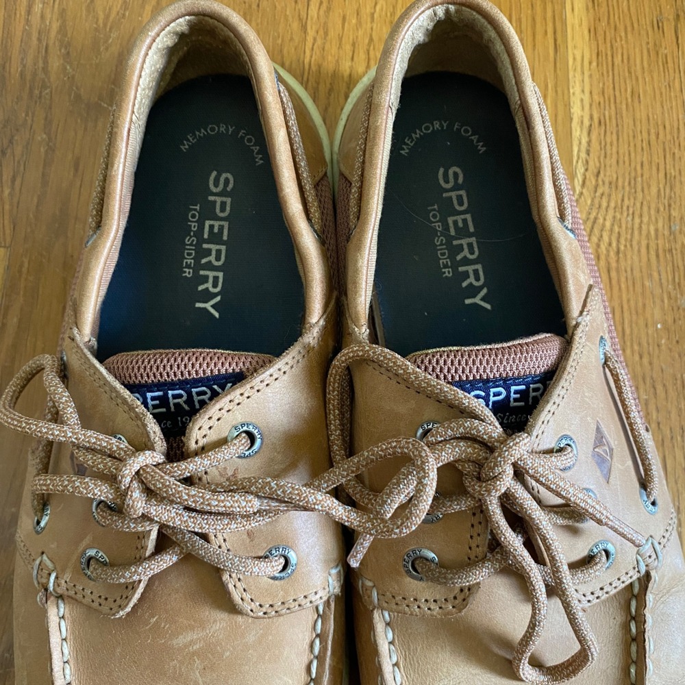 Sperry Boat Shoes Men 10.5 Tan Leather Mesh Memory Foam Classic Loafers STS17627 - Picture 4 of 10